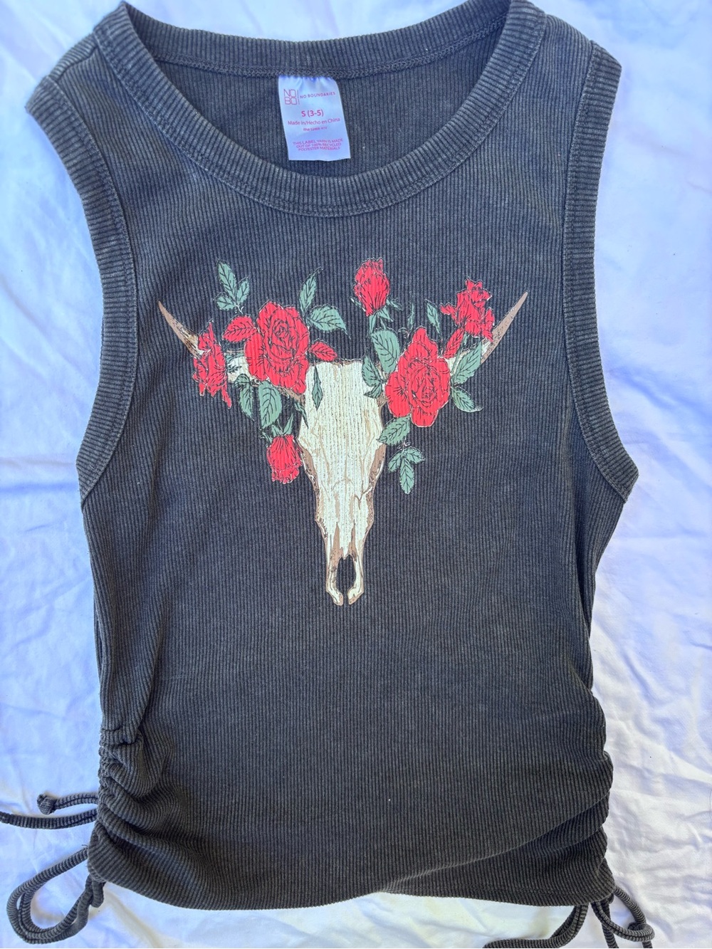 No Boundaries Black Ribbed Tank with Floral Skull Graphic